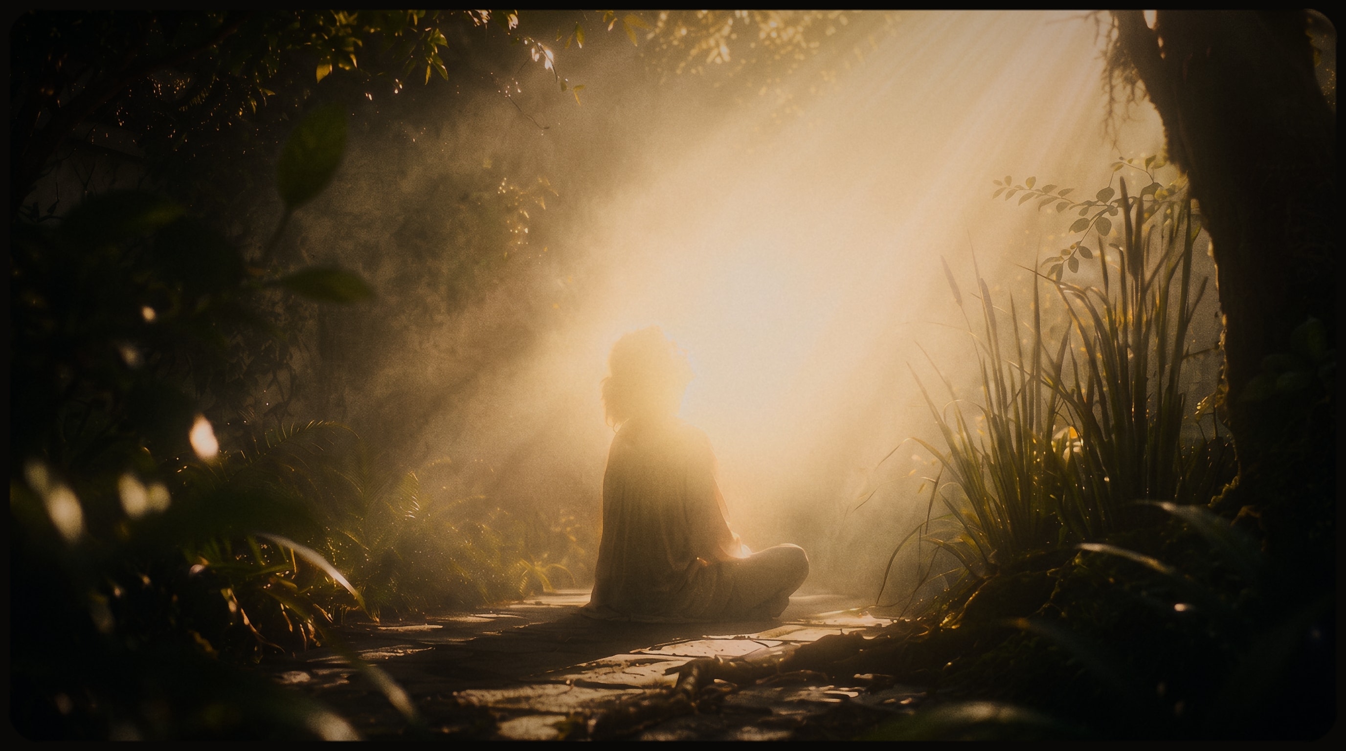 A figure sits in stillness on a garden path, face lifted into the light